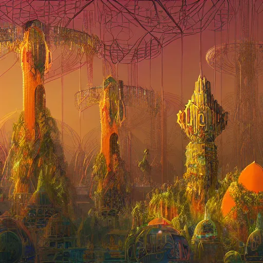 Prompt: Cosmic City Pillars, Domes, Towers, Archways Forest, Plants, Trees, Leaves, Vines, Overgrown Phoenixes Perched 8k resolution Behance HD trending on Artstation matte background matte painting maximalist detailed painting Orange. Red. Gold. Teal. Turquoise. Michael Whelan John Berkey