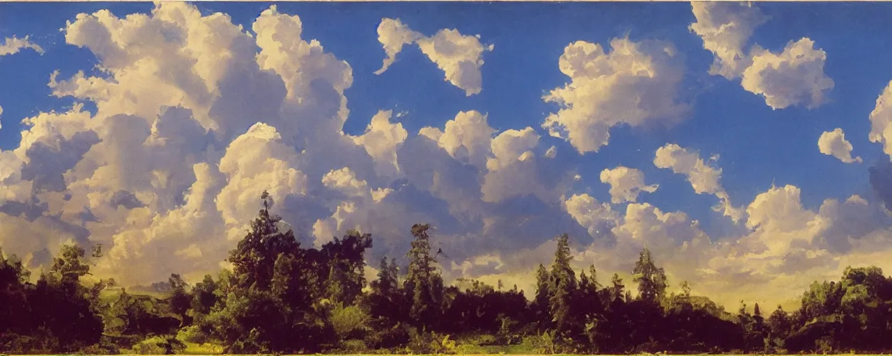 Image similar to disney illustrated background of blue sky huge clouds by eugene von guerard, ivan shishkin, john singer sargent