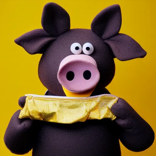 Image similar to studio photograph of a smiling pig depicted as a muppet wearing a gold crown eating from a snack bag with a yellow background, front view