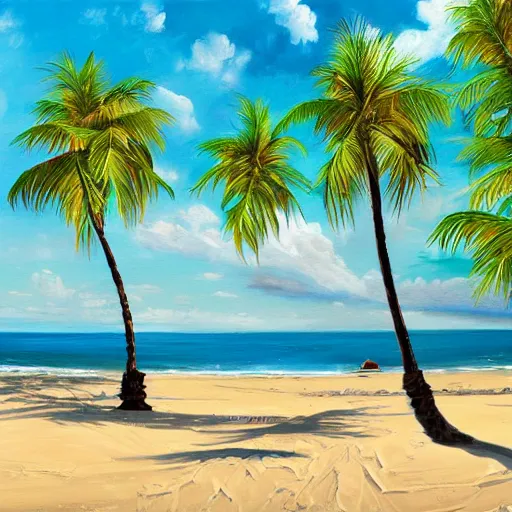 Image similar to A beautiful award winning painting of a tropical beach with palm trees and blue ocean, trending on artstation