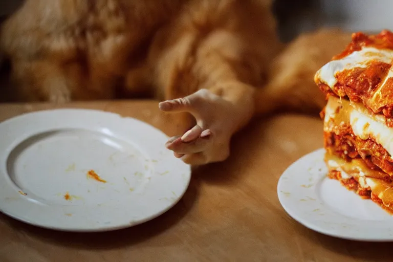 Prompt: large orange tabby cat eating lasagna by Emmanuel Lubezki