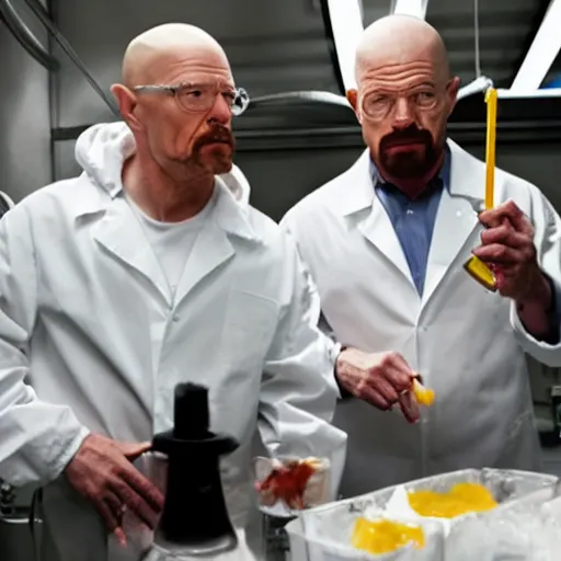 Prompt: a still from breaking bad of elon musk and walter white cooking meth in a laboratory, 8k, close-up, detailed faces