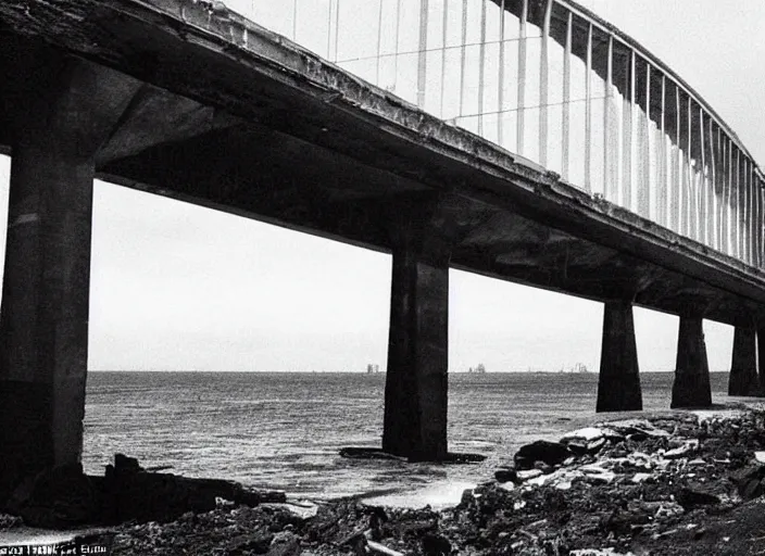 Prompt: grainy futuristic photo of the remains of an enormous broken freeway bridge on the new york coast after the apocalypse ; the bridge leads into the wide ocean