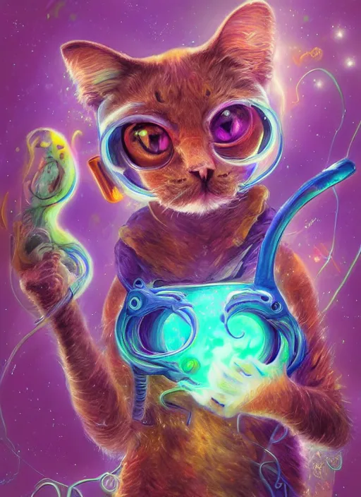 Prompt: cat seahorse fursona wearing headphones, autistic bisexual graphic designer, attractive androgynous humanoid, coherent detailed character design, weirdcore voidpunk digital art by delphin enjolras, wlop, william joyce, louis wain, furaffinity, cgsociety, trending on deviantart