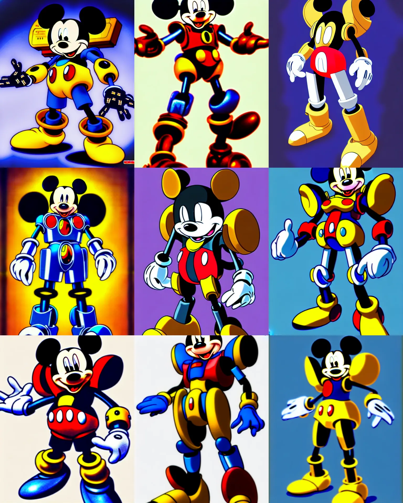Prompt: mickey mouse in gigantic robotic armor suit gundam suit, with broken steampunk cybernetic augmentations in the style of anime illustrated highly rendered art, cybernetic evolution, vehicle, machine oversoul