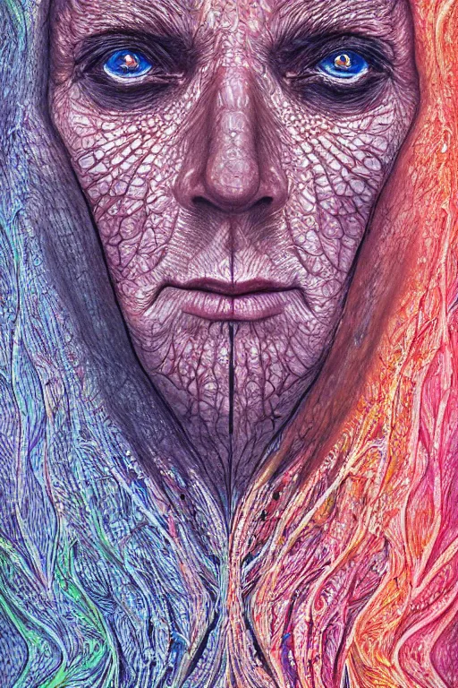 Image similar to dark underwater portrait of one Bioluminescent old woman, with cracked reaction diffusion semi-transparent skin. multicolored fish scales, face closeup. long intricate dark hair. good face proportions. with many jellyfishes. very high detail, illustration, by alex grey and Ilya Kuvshinov