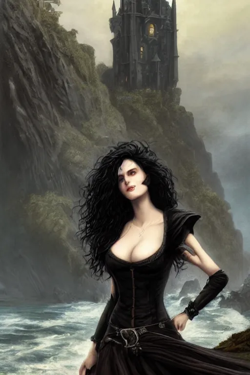Prompt: a hyperdetailed matte painting of yennefer as a goth vampire princess floating in front of a tower, dressed in a contemporary t shirt and jeans from hot topic, overlooking cliffs and crashing waves in the background, highly detailed, deep focus, elegant, digital painting, sharp focus, ultra realistic, 8 k, art by greg rutkowski and rembrandt and alphonse mucha