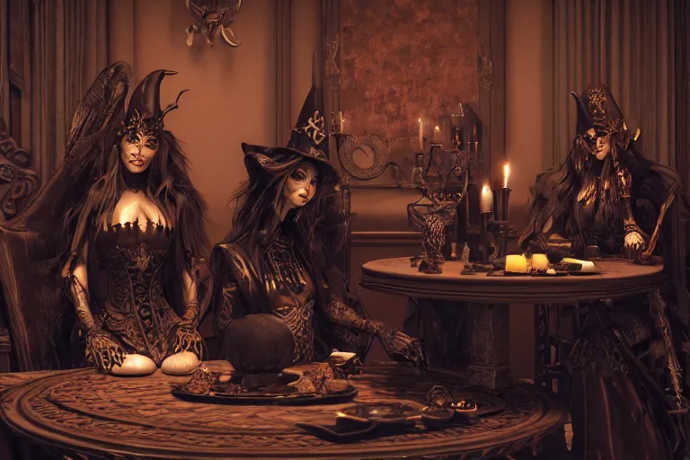 Image similar to dark witches sitting at a table doing a ritual. Ornate details, award winning. Octane render, 4k, 8k, unreal 5, very detailed, hyper control-realism, trending on artstation.”