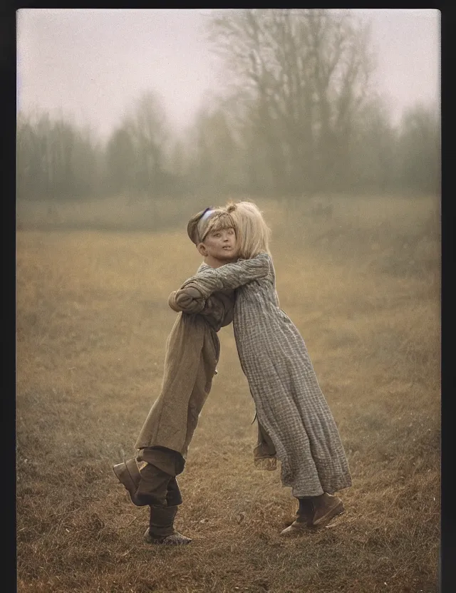 Image similar to peasant boy and girl first kiss, secretly on a village, Cinematic focus, Polaroid photo, vintage, neutral colors, soft lights, foggy, by Steve Hanks, by Serov Valentin, by lisa yuskavage, by Andrei Tarkovsky