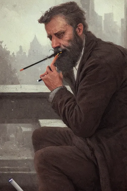 Image similar to portrait of a middle - aged writer with a beard, he is smoking a cigarette, style of greg rutkowski