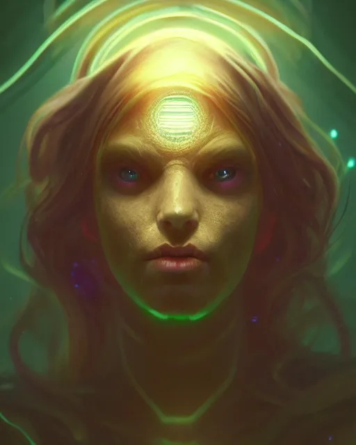 Image similar to one singular portrait of a creepy bioluminescent creature with glowing eyes, highly detailed, digital painting, cinematic, hyper realism, dark retrowave, art by stanley lau and artgerm and magali villeneuve and alphonse mucha, artstation, octane render, cgsociety