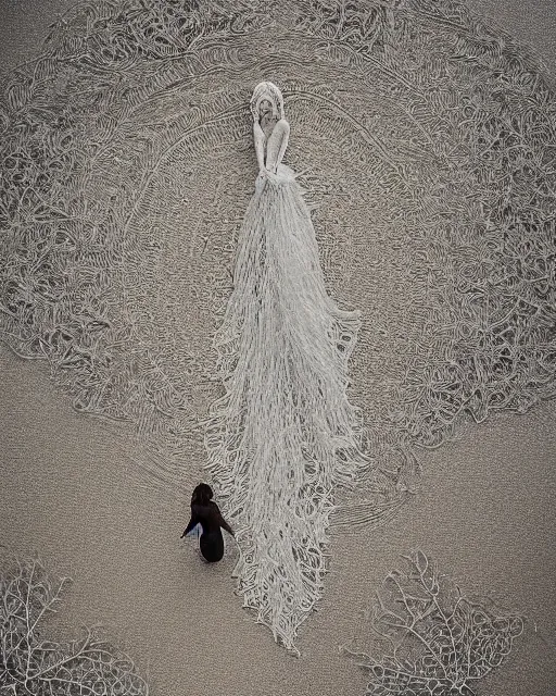 Image similar to a woman standing on a beach, made of intricate decorative lace leaf skeleton, shot from a drone, in the style of the dutch masters and gregory crewdson, dark and moody