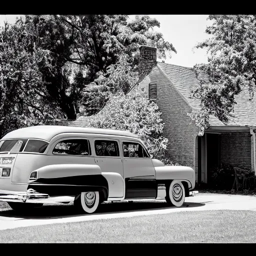 Prompt: 1 9 5 0 black and white photo of an ordinary 1 9 5 0 suburban house, garage, station wagon, bushes