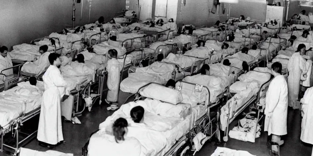 Prompt: An overcrowded hospital with bad standards in, horror movie, the outbreak can't be contained, 1950's