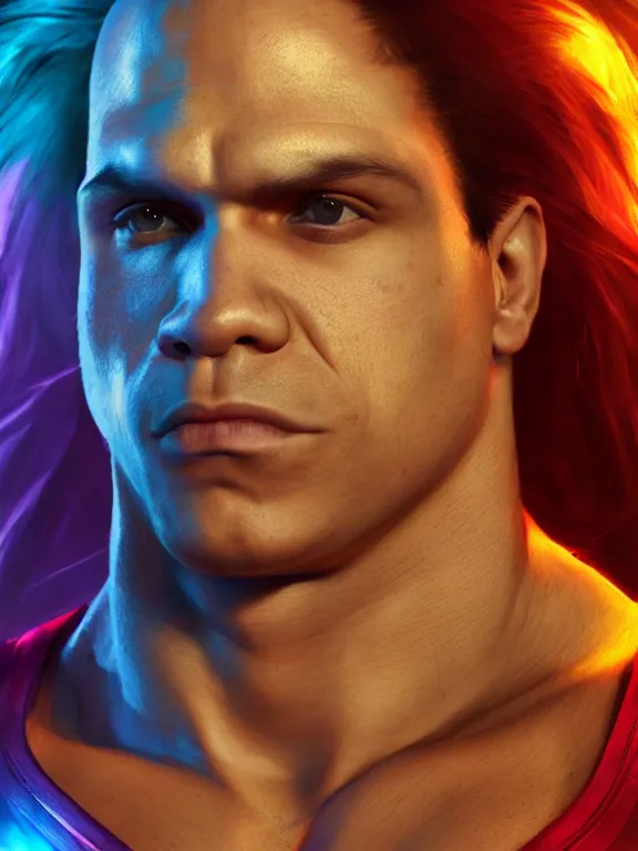 Image similar to portrait art of Tyler1 with long flowing hair, 8k ultra realistic , lens flare, atmosphere, glow, detailed, intricate, full of colour, cinematic lighting, trending on artstation, 4k, hyperrealistic, focused, extreme details, unreal engine 5, cinematic, masterpiece