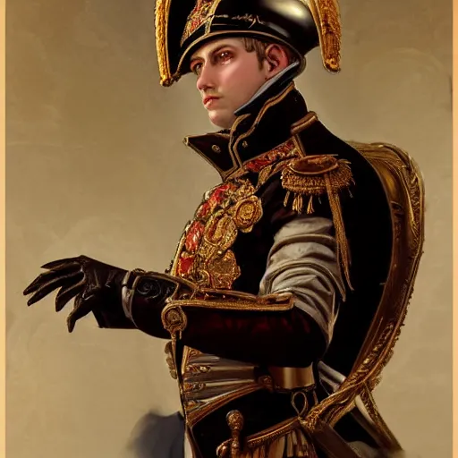 Image similar to portrait of divine emperor napoleon bonaparte, handsome, tall, dieselpunk steampunk napoleonic french baroque, metal shoulder pauldrons, intricate, highly detailed, digital painting, artstation, concept art, sharp focus, cinematic lighting, illustration, art by artgerm and greg rutkowski, alphonse mucha, cgsociety