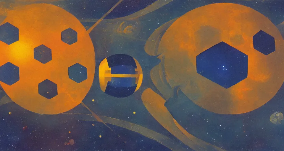 Image similar to hexagonal shield in space, blocking the sun, earth in the foreground, art deco painting