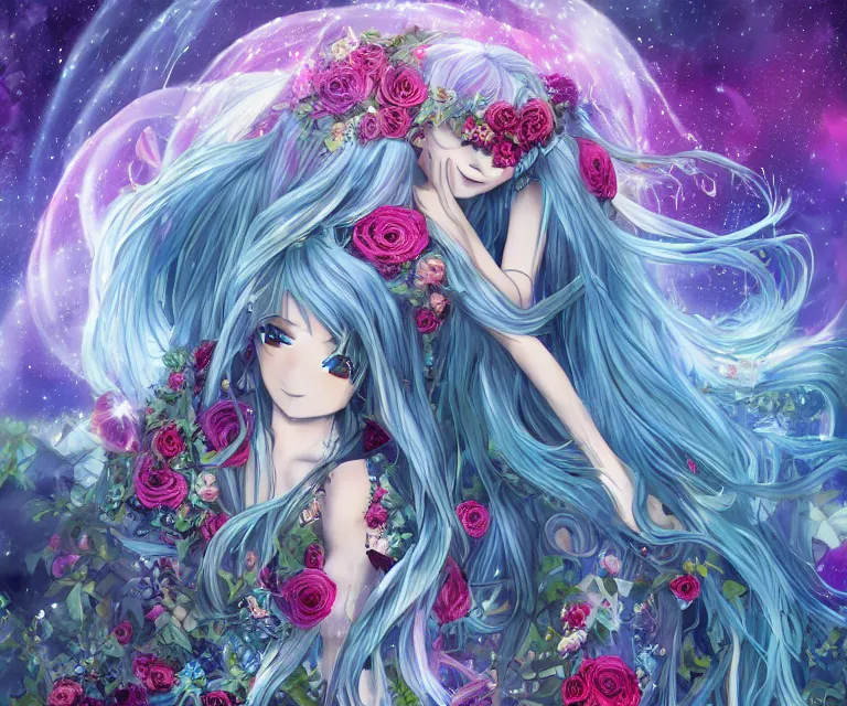 Image similar to 3 d anime magical goddess with long blue hair in a dress made of ivy and roses in a mythical forest, aurora borealis, roger magrini, leticia gillett, skeeva, nika maisuradze, billelis, christian behrendt, zigor samaniego, joannie leblanc