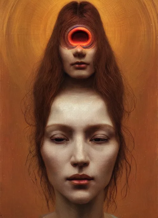 Image similar to Woman masterpiece, beautiful eyes, yellow, golden halo behind her head, red wires wrap around, by Edgar Maxence and Ross Tran, Zdzisław Beksiński, and Michael Whelan, distant, gustav dore, H.R. Giger, 8k, octane render