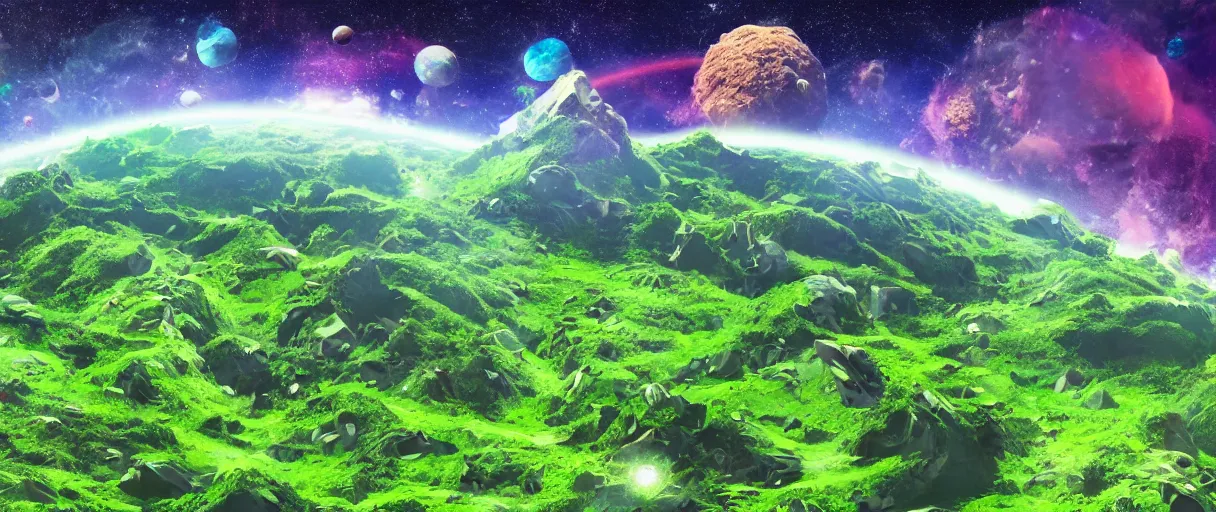 Image similar to a lush green crumbling island floating in space, debris, center of image, planets, stars, rainbows, nebula, asteroids, studio ghibli style, detailed, depth of field