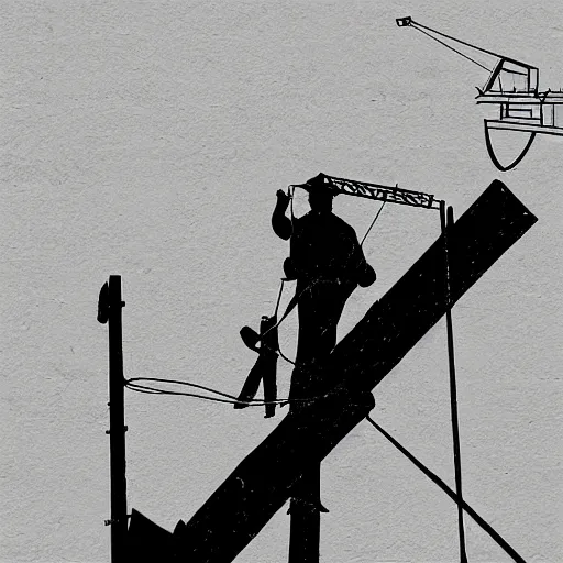 Prompt: a hornet nest on a telephone pole and a lineman working on the pole. illustration by a. m. cassandre