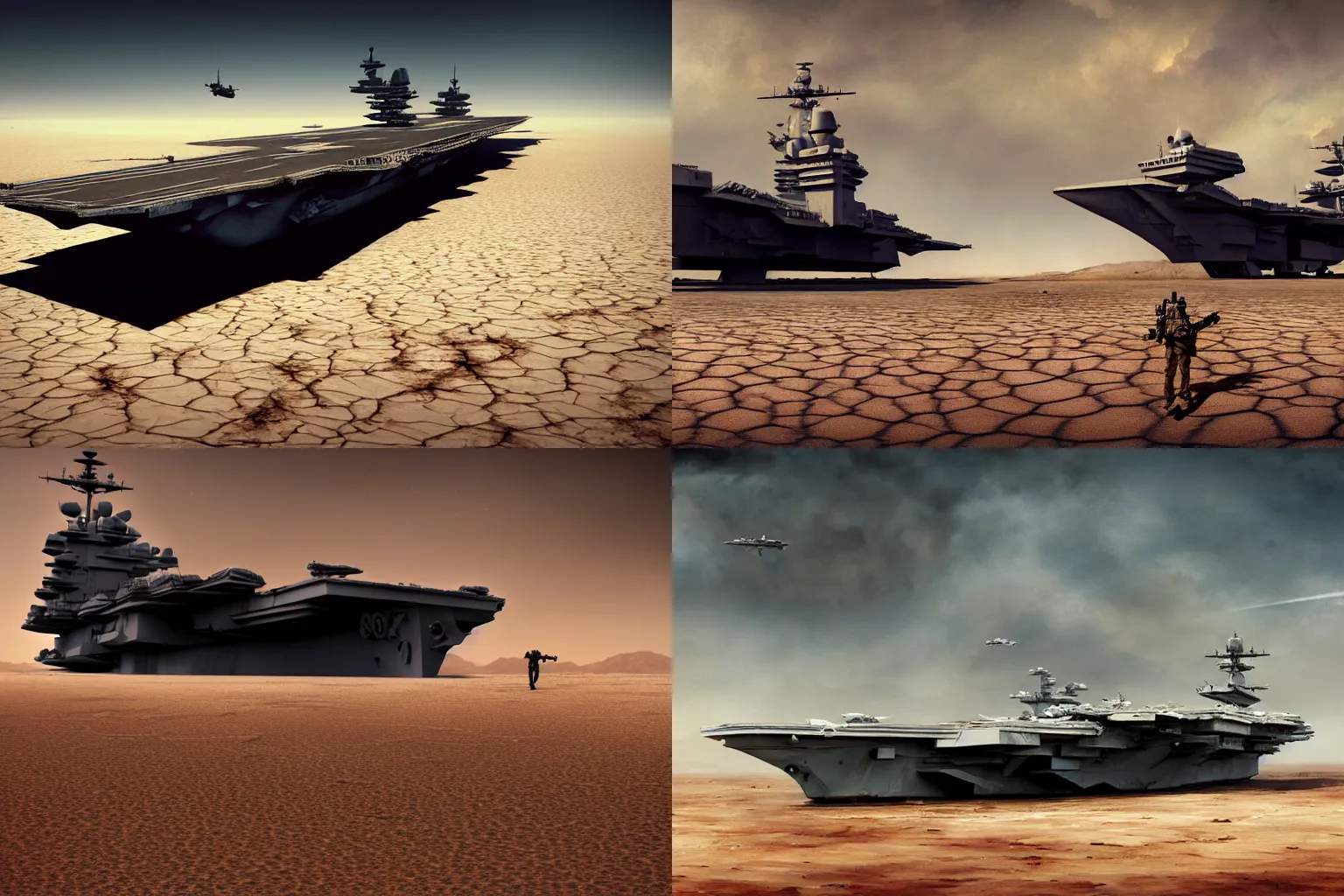 Prompt: a damaged aircraft carrier stranded, laying on a desert by david palumbo, raymond swanland and zack snyder, sharp digital painting, dry desert scene, cinematic, photography, digital art, digital render. realistic, hdr
