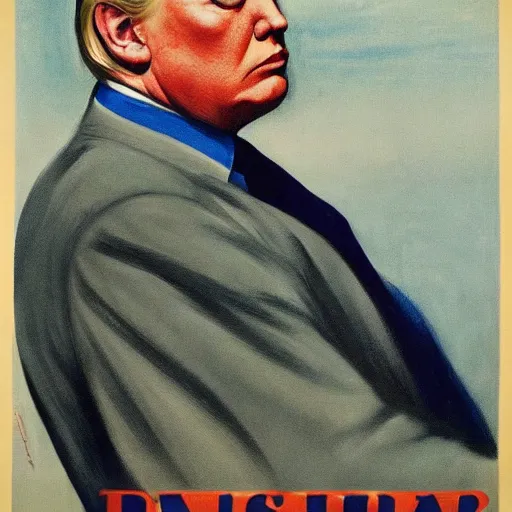 Prompt: highly detailed propaganda poster portrait of the leader of fascist usa, donald trump looking into the distance 1 9 5 0, by edward hopper