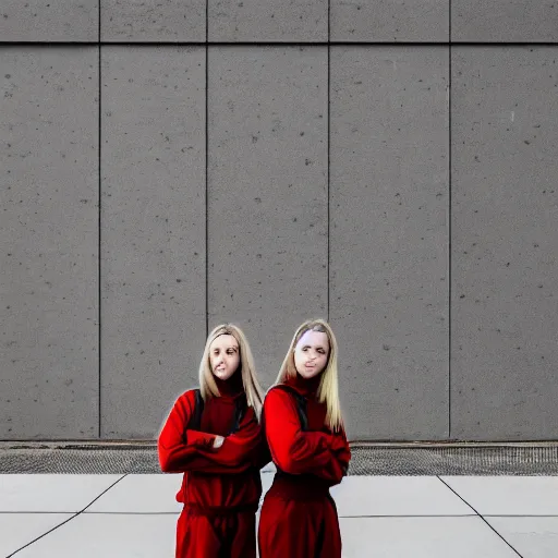 Image similar to photographic portrait of 2 clones in front of a brutalist metal building, 2 techwear women, on a desolate plain, red sky, sigma 8 5 mm f / 1. 4, 4 k, depth of field, high resolution, 4 k, 8 k, hd, full color