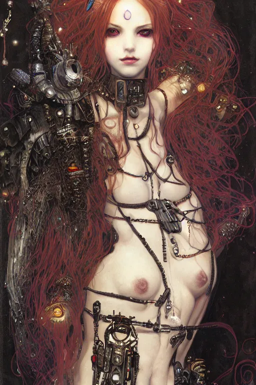 Image similar to portrait of beautiful young gothic maiden, cyberpunk, Warhammer, highly detailed, artstation, illustration, art by Gustav Klimt and Range Murata