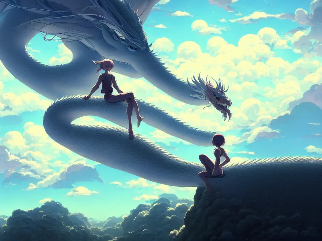 Prompt: a vast scene, panorama distant view, hyper detailed scene render of a beautiful girl sit on a huge silver dragon back, in the white clouds fairyland, animation portrait concept art, style of makoto shinkai, xision, james jean and peter mohrbacher, studio ghibli, artgerm, karol bak, beeple, 4 k hd, animation style