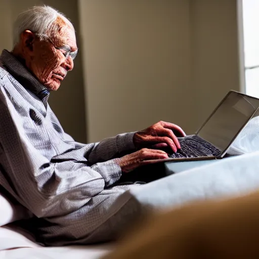 Image similar to elderly man sitting inside a casket browsing internet on laptop from a casket casket