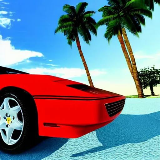 Image similar to a red Ferrari testarossa next to a white sand beach with palm trees. 16bit graphics. Outrun game