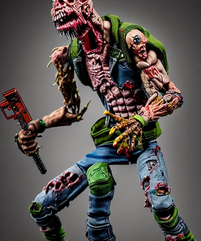 Image similar to hyperrealistic rendering, punk rock zombie is motu action figure, product photography