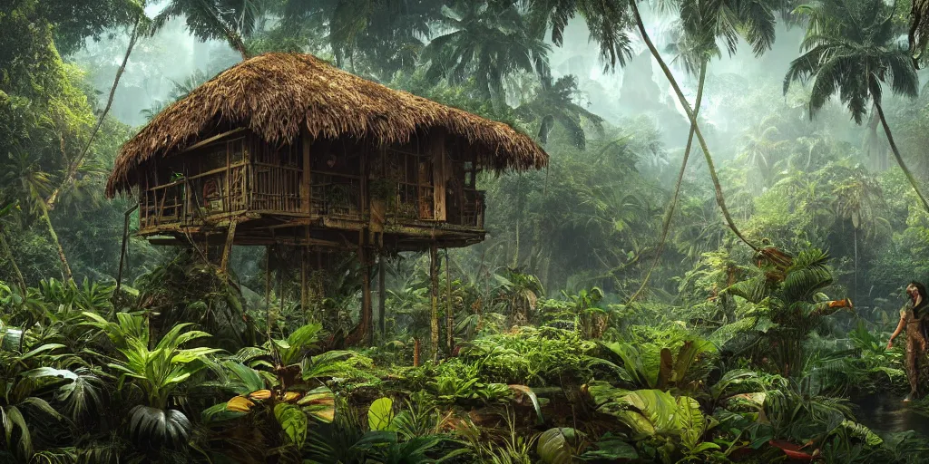 Image similar to tropical jungle, wall wood fortress, Hyperrealistic CGI, Photorealistic, plants environment, wide angle, establishing shot, cinematic lighting, atmospheric, realistic, octane render, highly detailed, color graded, matte painting in the style of craig mullins