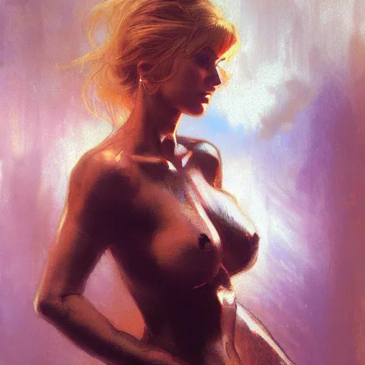 Image similar to kelly bundy, hyperrealistic full figure, bladerunner street alley, art of elysium by frank frazetta and by jeremy mann and by alphonse mucha, fantasy art, photo realistic, dynamic lighting, artstation, full figure poster, volumetric lighting, very detailed face, 4 k, award winning