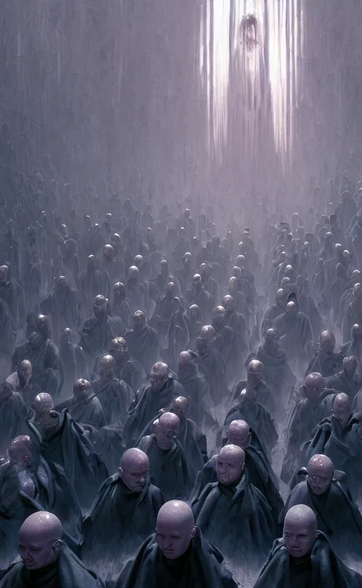 Image similar to extremely detailed cinematic movie still 3 0 7 7 white shining monks making mystic ritual hyperreal skin face by denis villeneuve, wayne barlowe, simon birch, marc simonetti, philippe druillet, beeple, bright volumetric sunlight from above, rich moody colors, closeup, bokeh