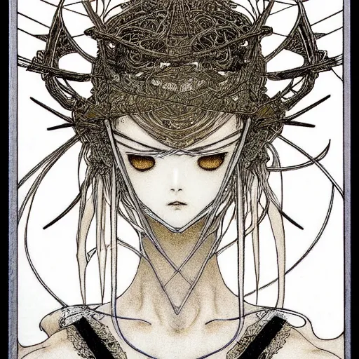 Prompt: prompt: Fragile looking vessel portrait soft light drawn by Takato Yamamoto, inspired by Fables, black ancient chrome knight armor, magical and alchemical weapons, soft light, white background, intricate detail, intricate oil painting detail, sharp high detail, manga and anime 2000