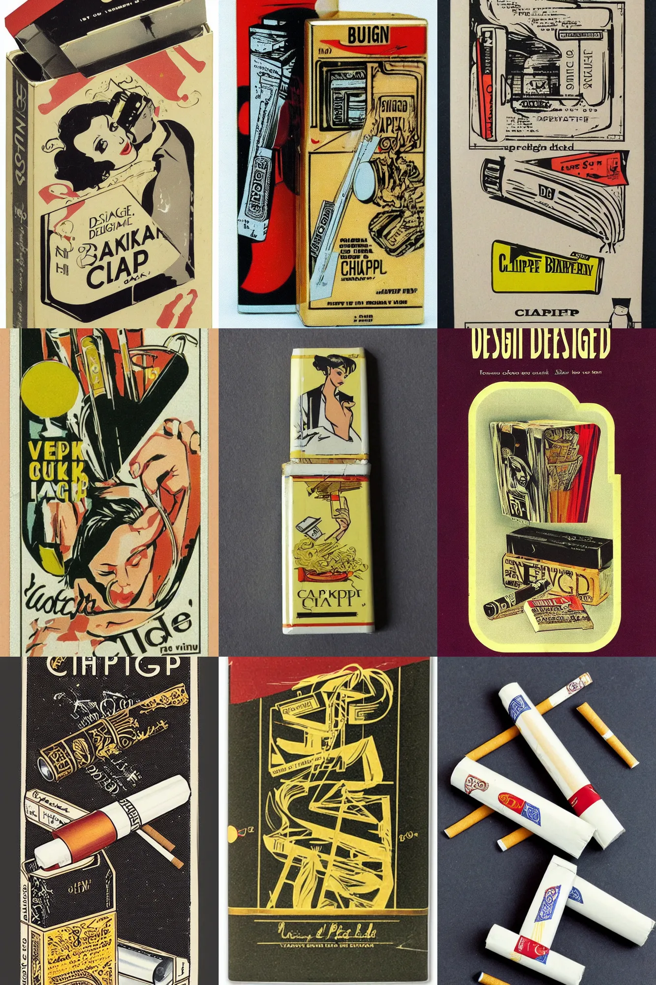Prompt: design!!!!!! for a vintage cigarette!!!!!!! pack by clamp