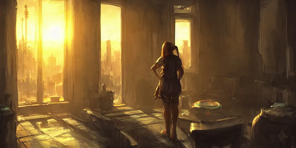 Prompt: an environmental concept art of arcane, interior, character standing with back to camera looking out window at a beautiful city, sunset, highly detailed, environmental light, cinematic by francis tneh