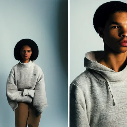 Image similar to realistic photoshooting for a new balenciaga lookbook, vhs colour photography, portrait of a beautiful woman, in style of Tyler Mitchell, 35mm,