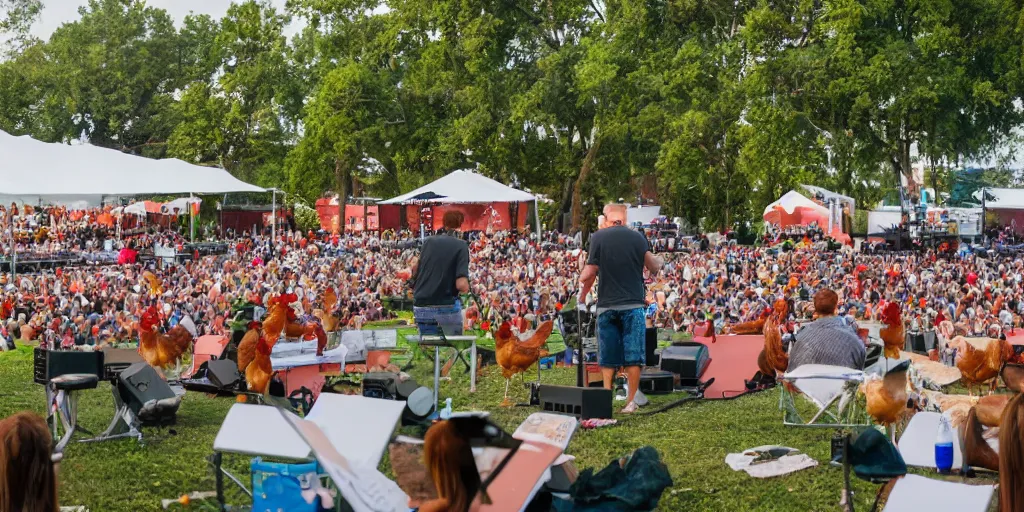 Image similar to summer music festival with chicken as audience. roosters playing music on the stage. concert photography.