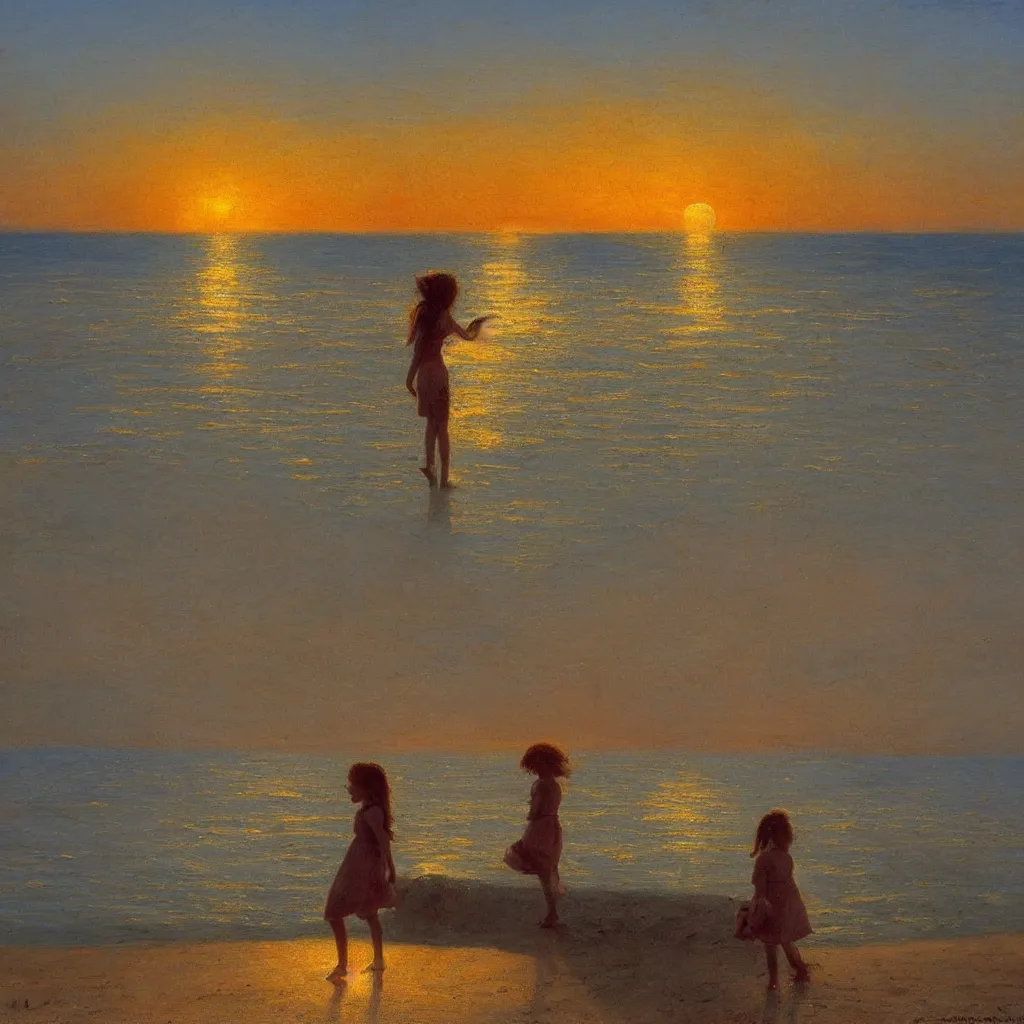 Prompt: a girl on the beach watching a beautiful radiating sunset, Nice France by Claude Lorraine