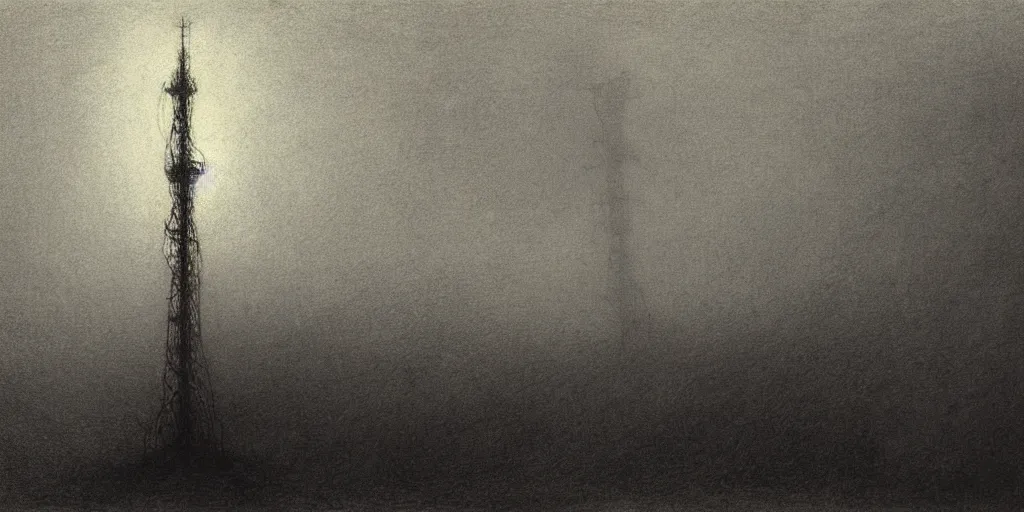 Image similar to A tower connected with cables, shining light, rays of light, by beksinski, shining light, high clouds, fog, Award winning, pencil drawing, masterpiece, detailed illustration