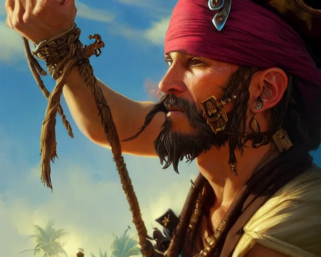 Image similar to close up of an old pirate drinking rum, deep focus, d & d, fantasy, intricate, elegant, highly detailed, digital painting, artstation, concept art, matte, sharp focus, illustration, hearthstone, art by artgerm and greg rutkowski and alphonse mucha