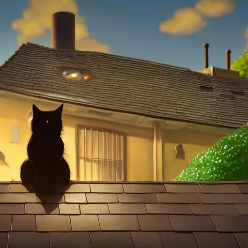 Image similar to a wholesome animation key shot of a black cat seated on top of a roof with tiles, medium shot, studio ghibli, pixar and disney animation, sharp, rendered in unreal engine 5, anime key art by greg rutkowski, bloom, dramatic lighting, golden hour