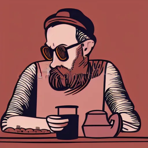 Prompt: Muted three color vector illustration of a hipster in a cafe