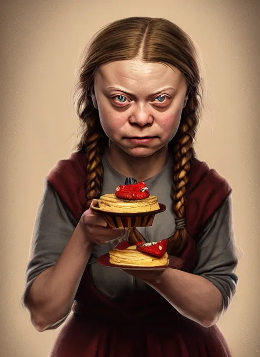 Image similar to portrait of greta thunberg as a medieval goblin eating cakes, beautiful face, hyper realistic, highly detailed, digital painting, artstation, illustration, concept art by hyung tae and frank frazetta, digital paint, matte paint, washed colors, dark, gloomy