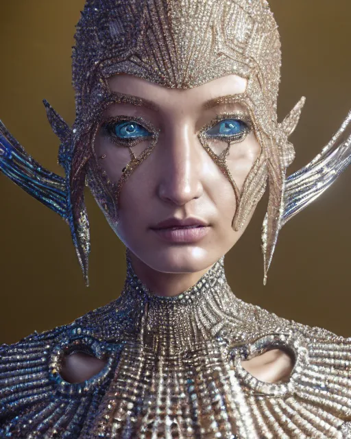 Image similar to a highly detailed metahuman 4 k close up render of an alien goddess bella hadid queen in iris van herpen dress schiaparelli in diamonds crystals swarovski and jewelry iridescent in style of alphonse mucha gustav klimt trending on artstation made in unreal engine 4