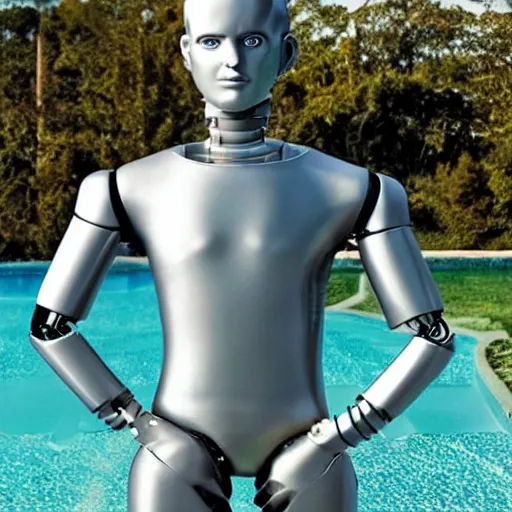 Image similar to a realistic detailed photo of a guy who is an attractive humanoid who is half robot and half humanoid, who is a male android, soccer player timo werner, shiny skin, posing like a statue, blank stare, by the pool, on display, showing off his muscles, humanoid robot, frozen ice statue, made of ice