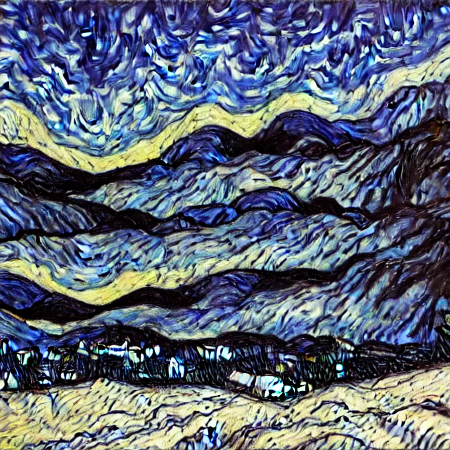 Image similar to thick impasto textured oil black and white painting of the laurentian appalachian mountains in winter by vincent van gogh, unique, original and creative landscape, snowy night, distant town lights, aurora borealis, deers and ravens, footsteps in the snow, brilliant composition